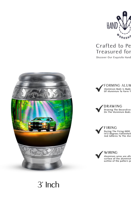 Jewel Teal Car Cremation Urn lifestyle display on memorial shelf - ornate monarch-style car relief on brushed aluminum - mini keepsake memorial for portion of cremation ashes