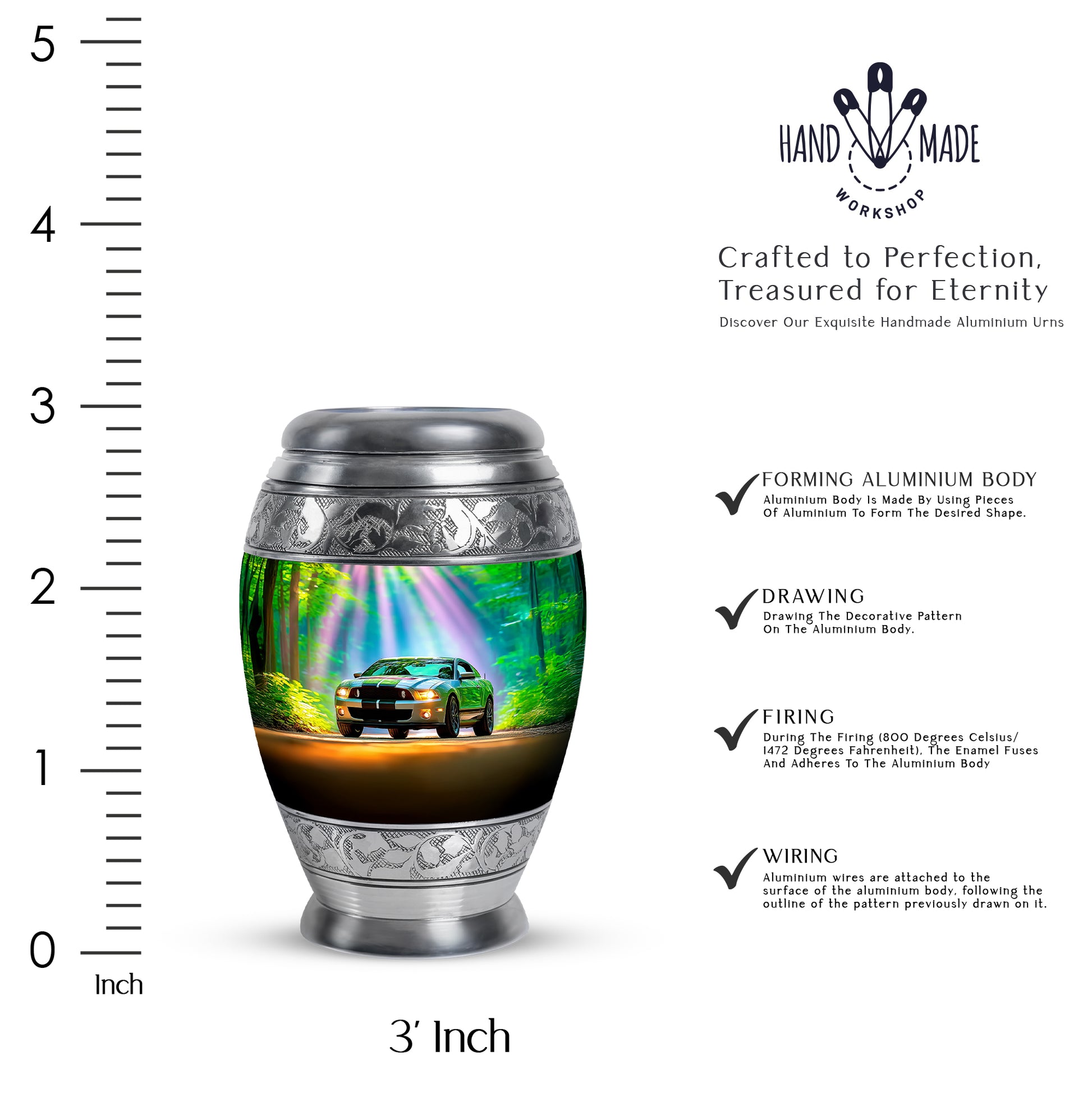 Jewel Teal Car Cremation Urn lifestyle display on memorial shelf - ornate monarch-style car relief on brushed aluminum - mini keepsake memorial for portion of cremation ashes
