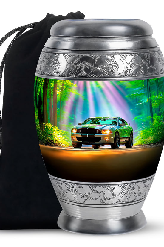 Soft Teal Car Cremation Urn back view with polished surface - regal car design with crown-inspired accents - full-size 10 inch 200 cubic inch adult cremation urn