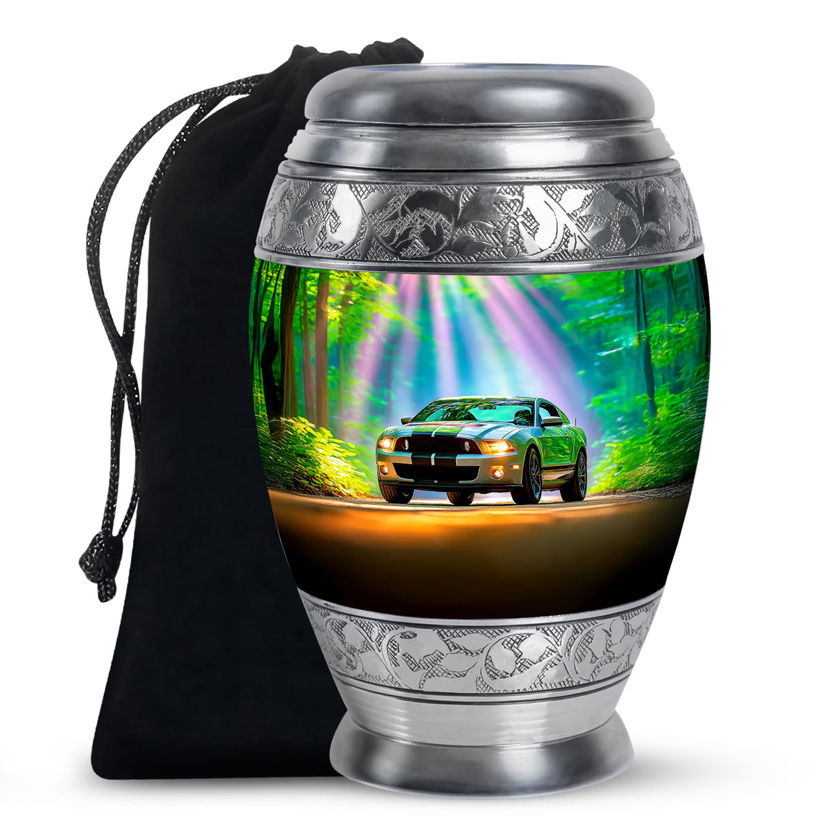 Soft Teal Car Cremation Urn back view with polished surface - regal car design with crown-inspired accents - full-size 10 inch 200 cubic inch adult cremation urn