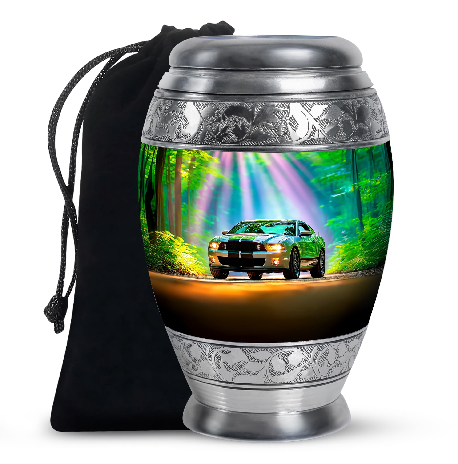 Soft Teal Car Cremation Urn back view with polished surface - regal car design with crown-inspired accents - full-size 10 inch 200 cubic inch adult cremation urn