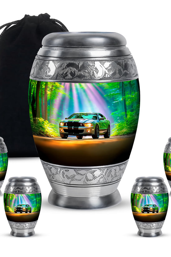 Mystic Teal Car Cremation Urn detail view - majestic car pattern with filigree border - memorial set with one large and four small urns