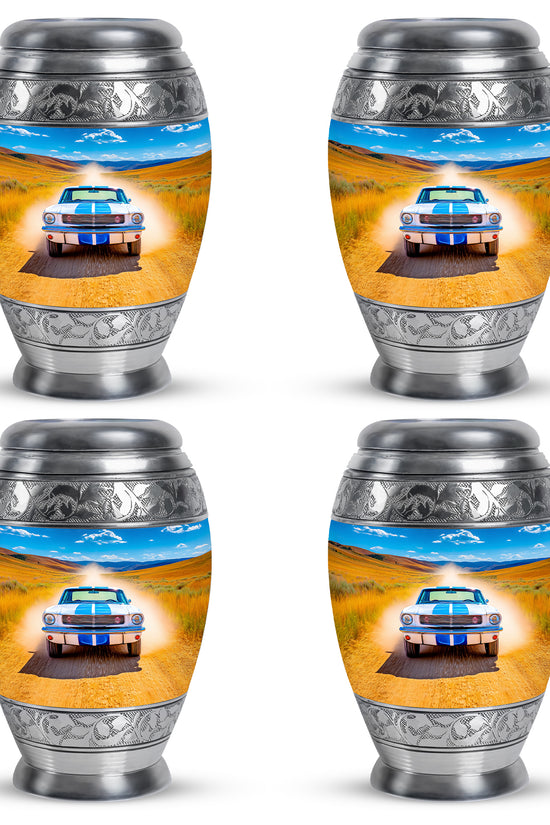 Calming Blue Car Cremation Urn urn with complimentary velvet bag - majestic car pattern with filigree border - 10 inch aluminum urn for cremated remains