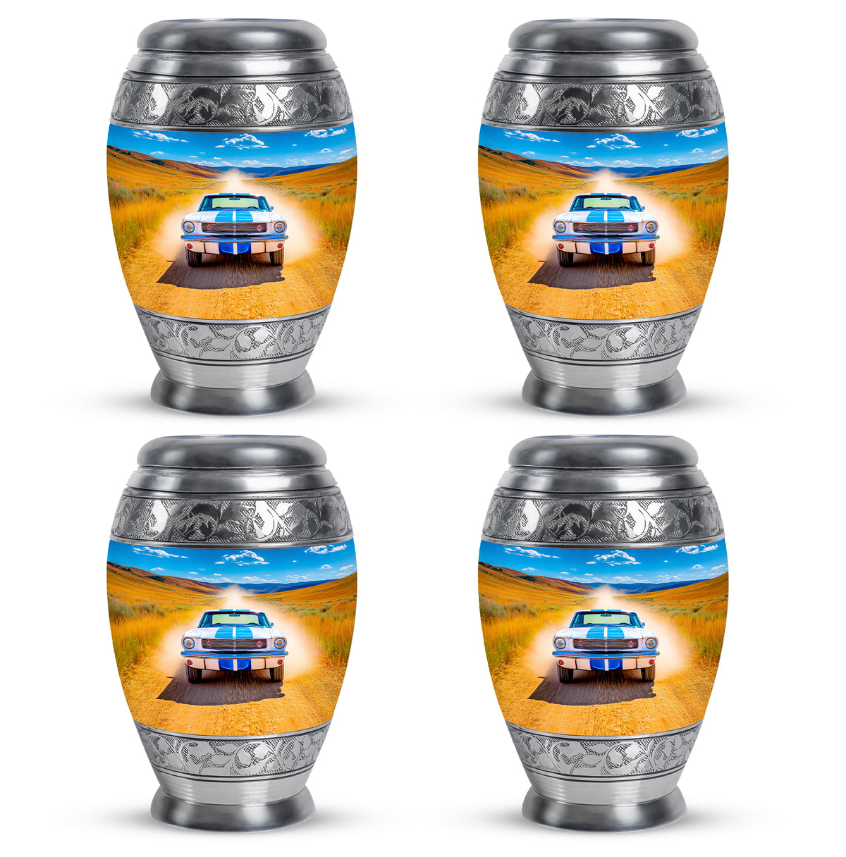 Calming Blue Car Cremation Urn urn with complimentary velvet bag - majestic car pattern with filigree border - 10 inch aluminum urn for cremated remains