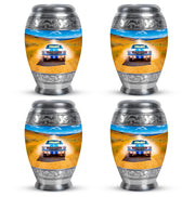 Calming Blue Car Cremation Urn urn with complimentary velvet bag - majestic car pattern with filigree border - 10 inch aluminum urn for cremated remains