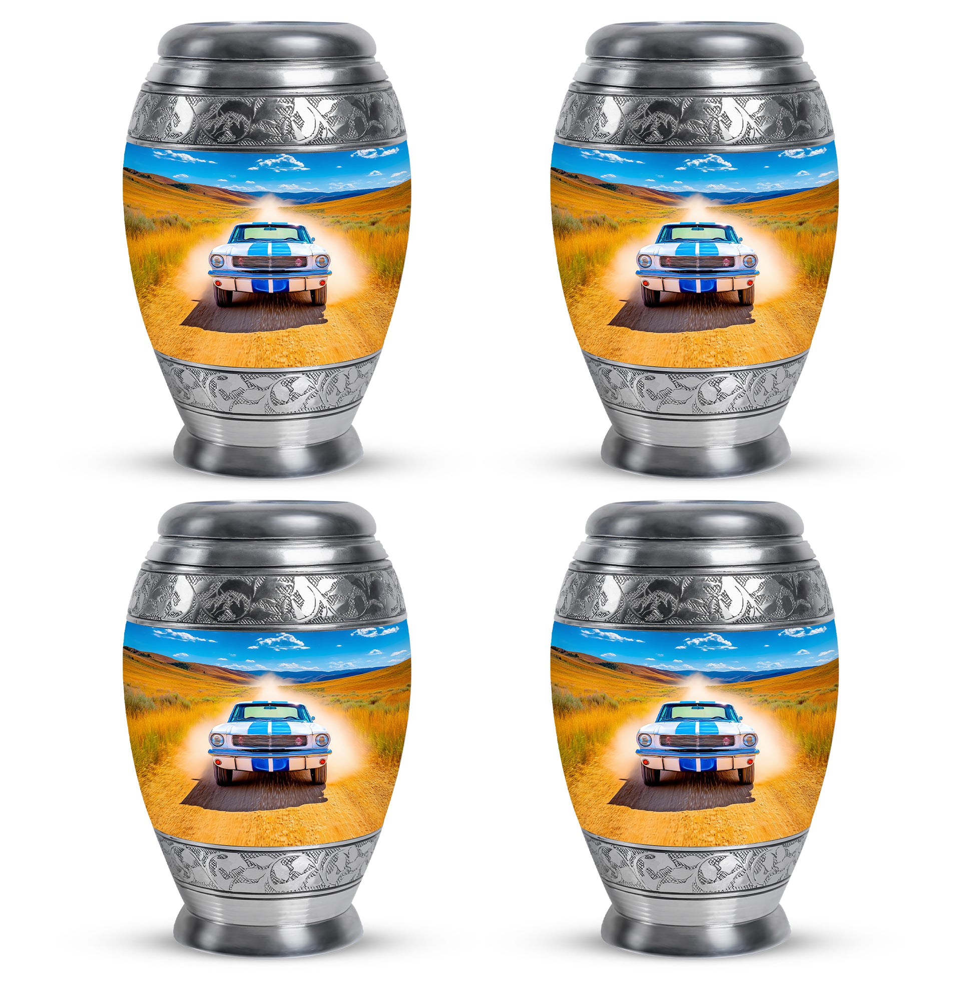 Calming Blue Car Cremation Urn urn with complimentary velvet bag - majestic car pattern with filigree border - 10 inch aluminum urn for cremated remains