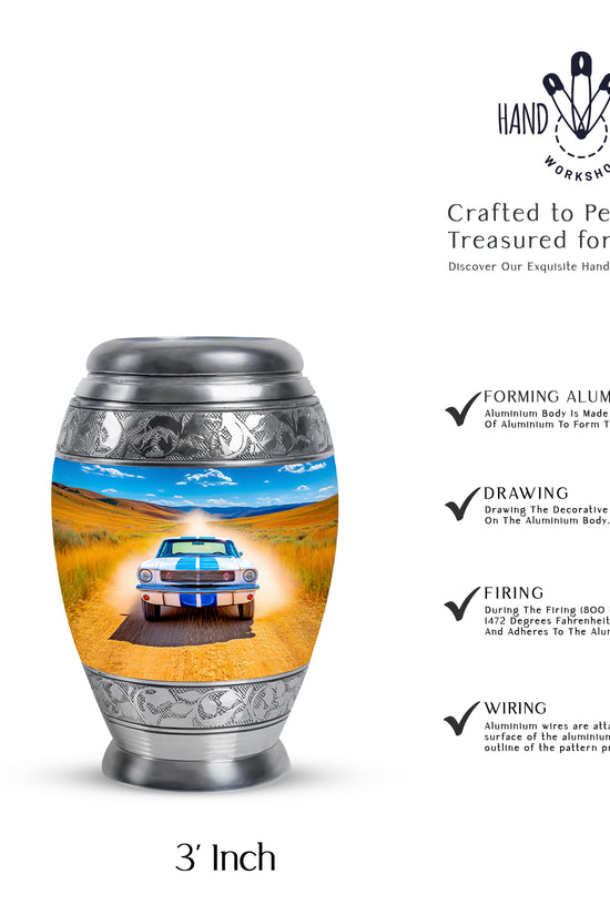 Navy Blue Car Cremation Urn lifestyle display on memorial shelf - regal car design with crown-inspired accents - mini keepsake memorial for portion of cremation ashes