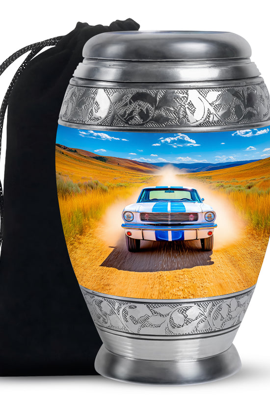 Cornflower Blue Car Cremation Urn back view with polished surface - majestic car pattern with filigree border - full-size 10 inch 200 cubic inch adult cremation urn