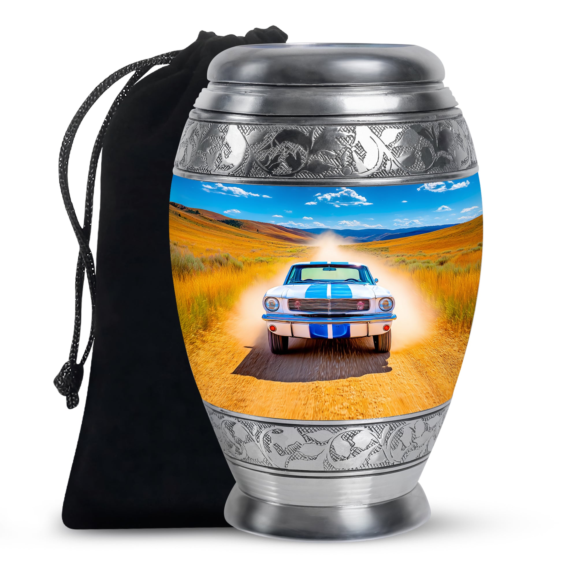 Cornflower Blue Car Cremation Urn back view with polished surface - majestic car pattern with filigree border - full-size 10 inch 200 cubic inch adult cremation urn