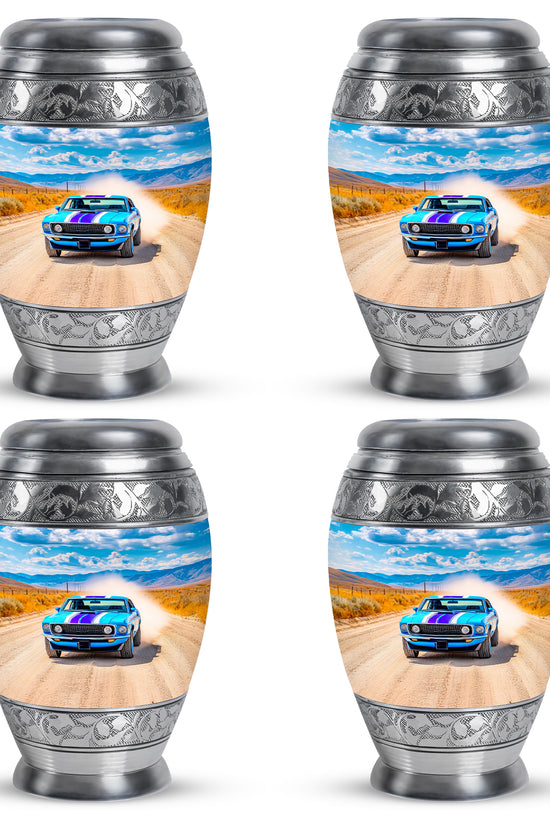 Cobalt Blue Car Cremation Urn urn with complimentary velvet bag - majestic car pattern with filigree border - 10 inch aluminum urn for cremated remains