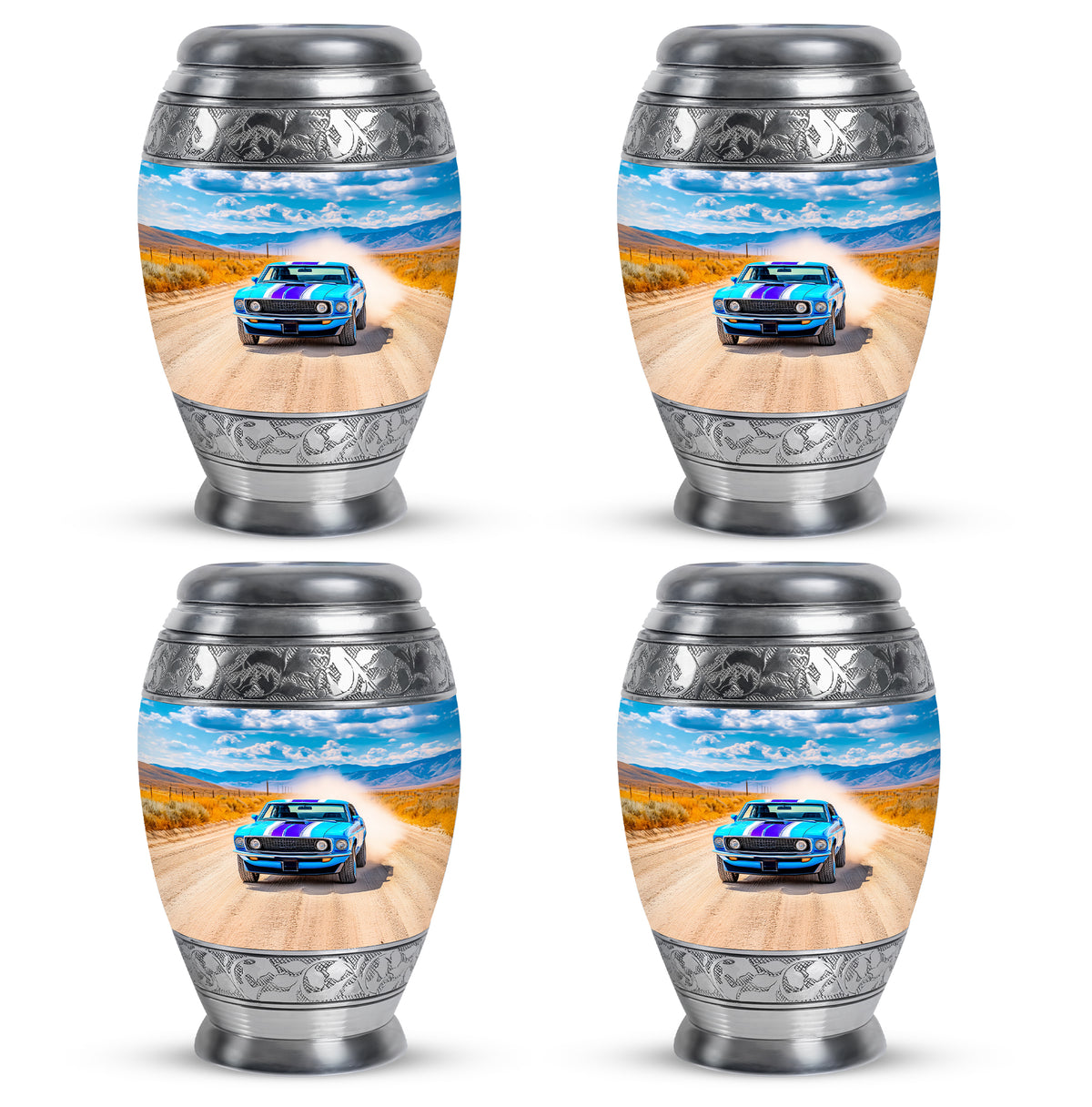 Cobalt Blue Car Cremation Urn urn with complimentary velvet bag - majestic car pattern with filigree border - 10 inch aluminum urn for cremated remains