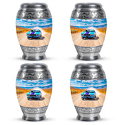 Cobalt Blue Car Cremation Urn urn with complimentary velvet bag - majestic car pattern with filigree border - 10 inch aluminum urn for cremated remains