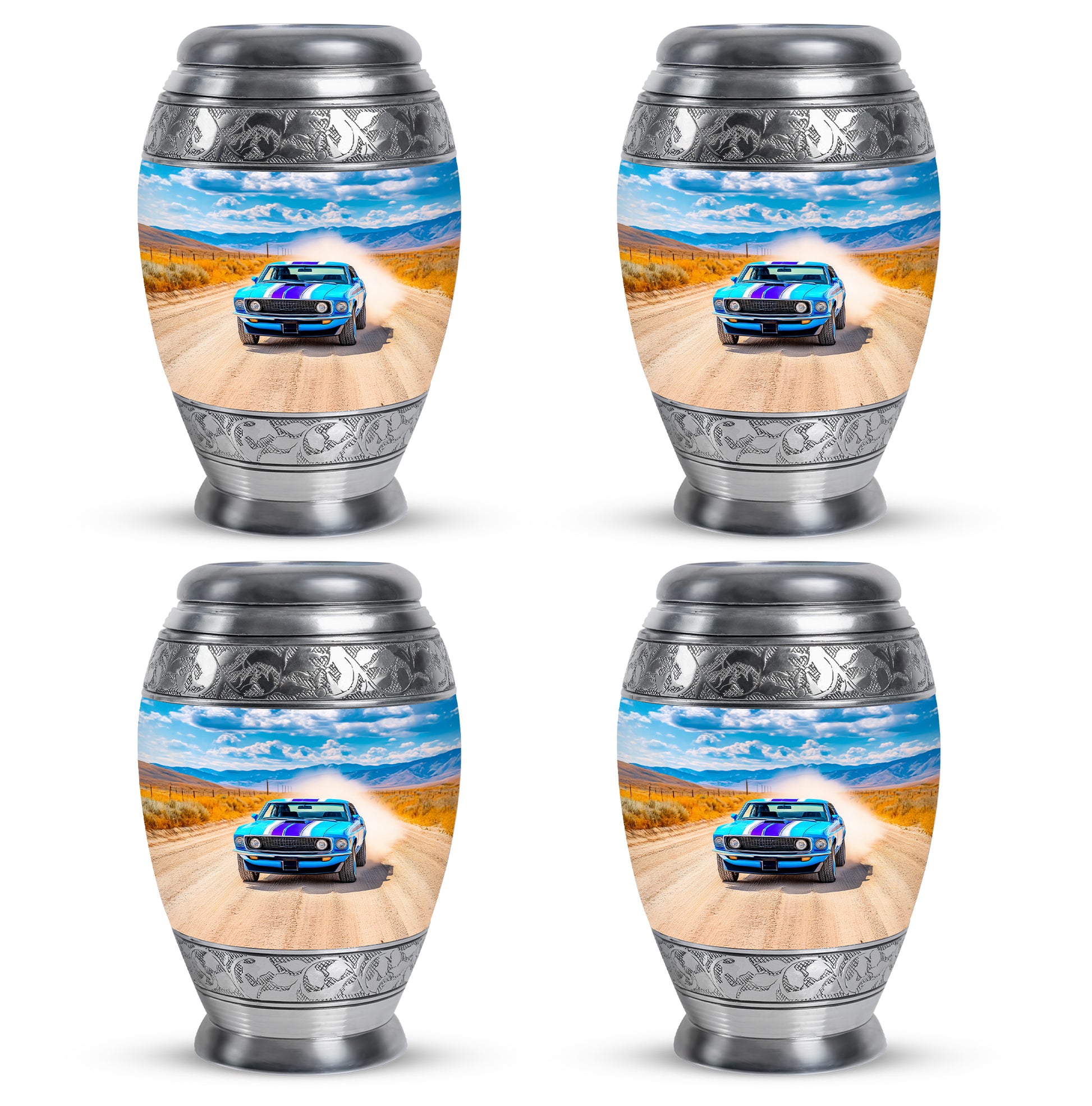 Cobalt Blue Car Cremation Urn urn with complimentary velvet bag - majestic car pattern with filigree border - 10 inch aluminum urn for cremated remains