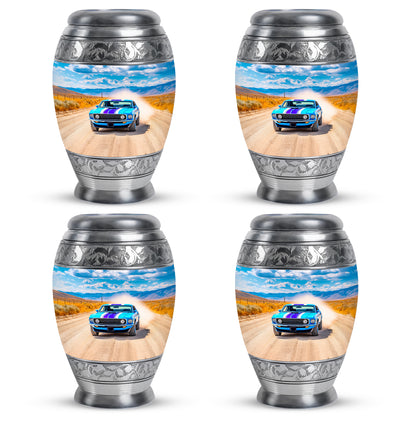 Cobalt Blue Car Cremation Urn urn with complimentary velvet bag - majestic car pattern with filigree border - 10 inch aluminum urn for cremated remains