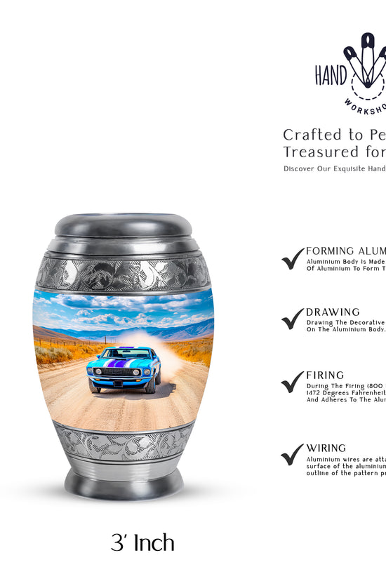 Celestial Blue Car Cremation Urn lifestyle display on memorial shelf - regal car design with crown-inspired accents - mini keepsake memorial for portion of cremation ashes