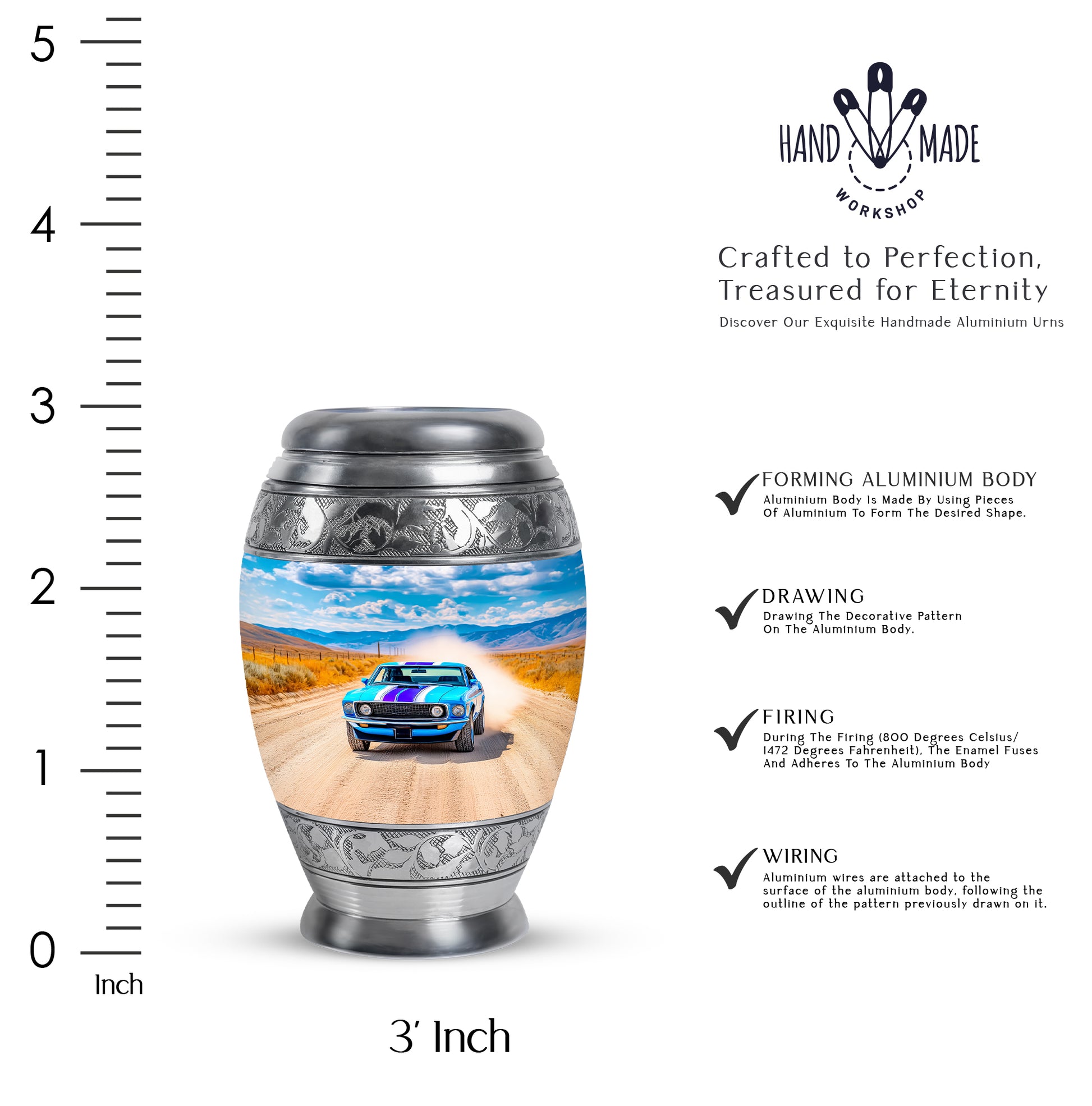 Celestial Blue Car Cremation Urn lifestyle display on memorial shelf - regal car design with crown-inspired accents - mini keepsake memorial for portion of cremation ashes