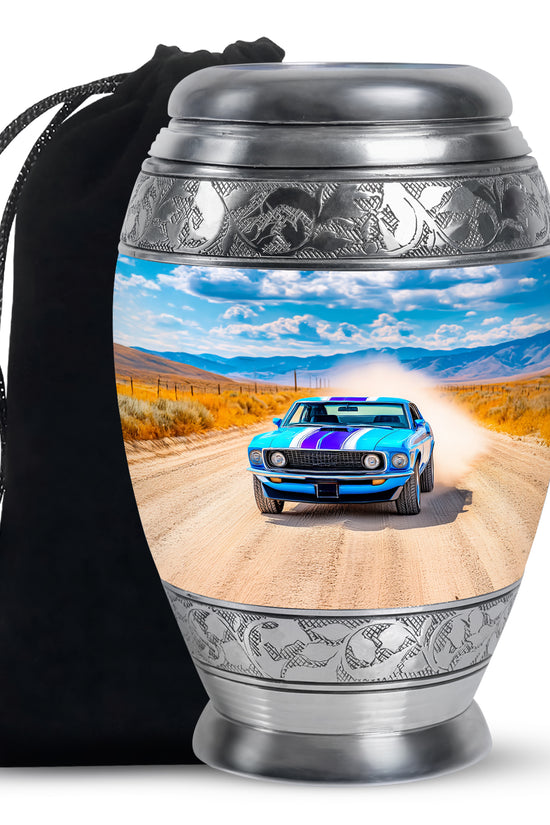 Icy Blue Car Cremation Urn back view with polished surface - ornate monarch-style car relief on brushed aluminum - full-size 10 inch 200 cubic inch adult cremation urn