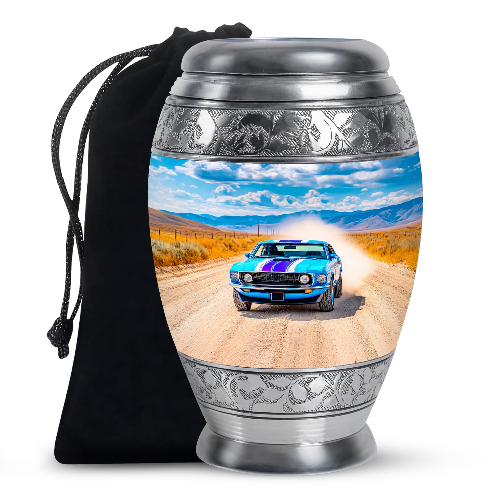 Icy Blue Car Cremation Urn back view with polished surface - ornate monarch-style car relief on brushed aluminum - full-size 10 inch 200 cubic inch adult cremation urn