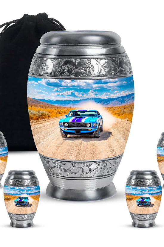 Steel Blue Car Cremation Urn detail view - majestic car pattern with filigree border - memorial set with one large and four small urns