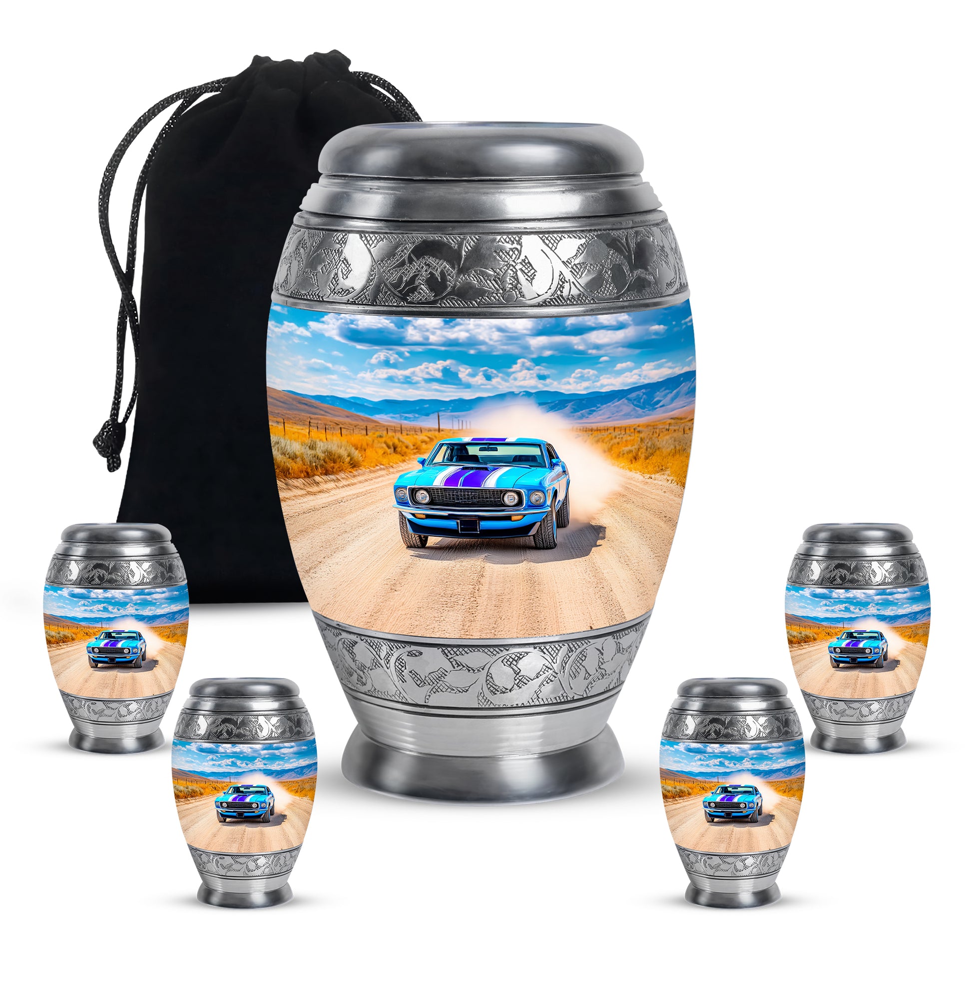 Steel Blue Car Cremation Urn detail view - majestic car pattern with filigree border - memorial set with one large and four small urns