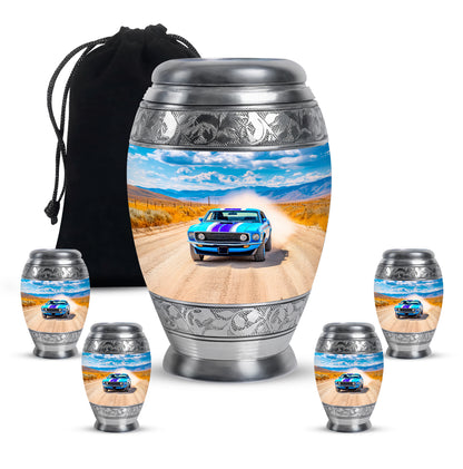 Steel Blue Car Cremation Urn detail view - majestic car pattern with filigree border - memorial set with one large and four small urns