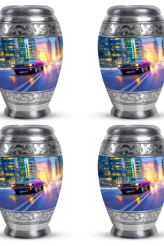 Steel Blue Car Cremation Urn urn with complimentary velvet bag - majestic car pattern with filigree border - 10 inch aluminum urn for cremated remains