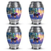 Steel Blue Car Cremation Urn urn with complimentary velvet bag - majestic car pattern with filigree border - 10 inch aluminum urn for cremated remains