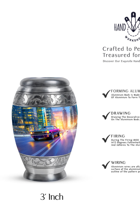 Navy Blue Car Cremation Urn lifestyle display on memorial shelf - regal car design with crown-inspired accents - mini keepsake memorial for portion of cremation ashes