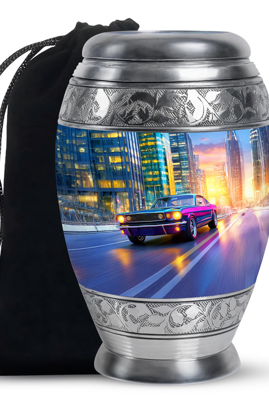 Navy Blue Car Cremation Urn back view with polished surface - ornate monarch-style car relief on brushed aluminum - full-size 10 inch 200 cubic inch adult cremation urn