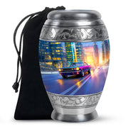 Navy Blue Car Cremation Urn back view with polished surface - ornate monarch-style car relief on brushed aluminum - full-size 10 inch 200 cubic inch adult cremation urn