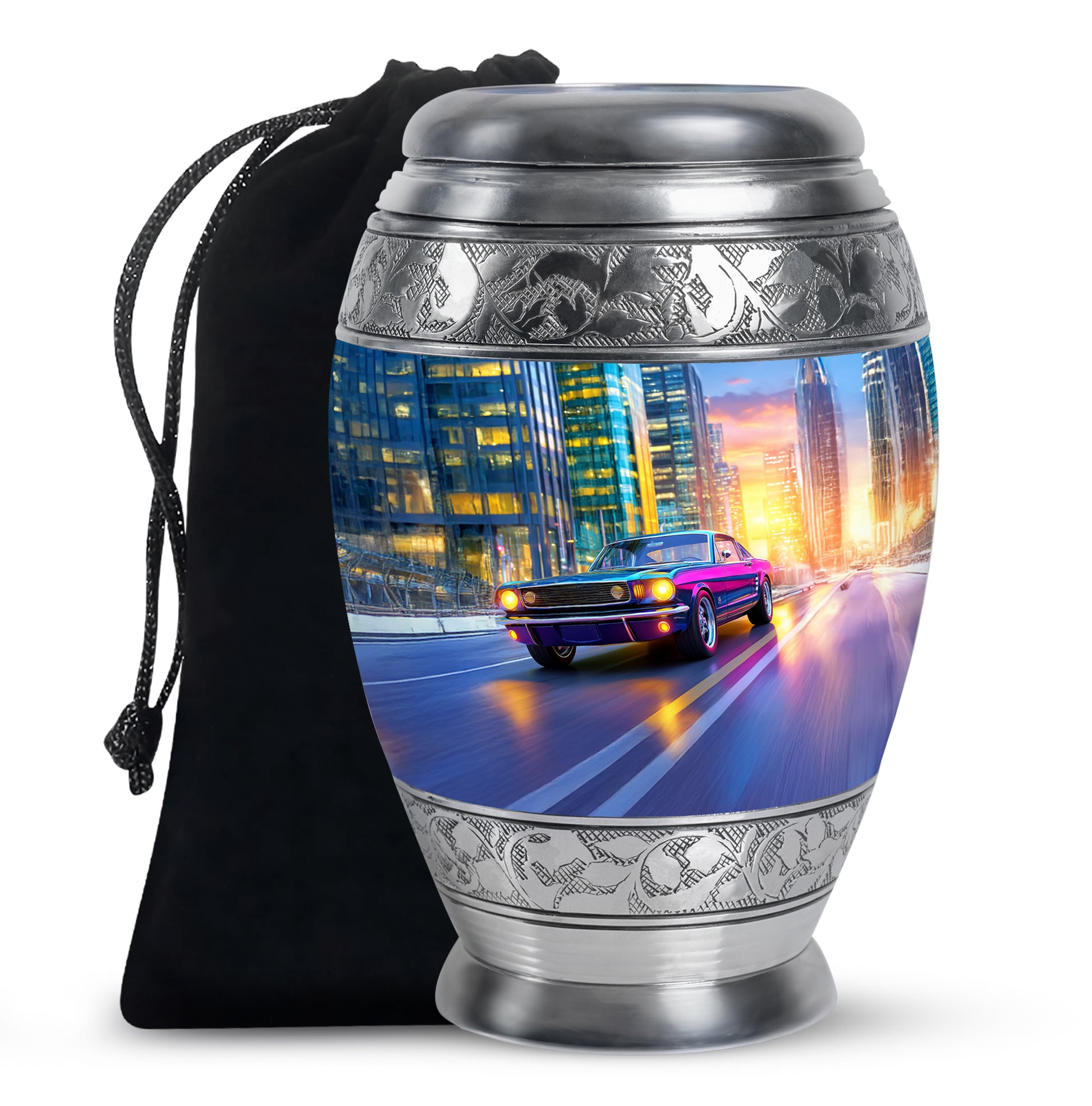 Navy Blue Car Cremation Urn back view with polished surface - ornate monarch-style car relief on brushed aluminum - full-size 10 inch 200 cubic inch adult cremation urn