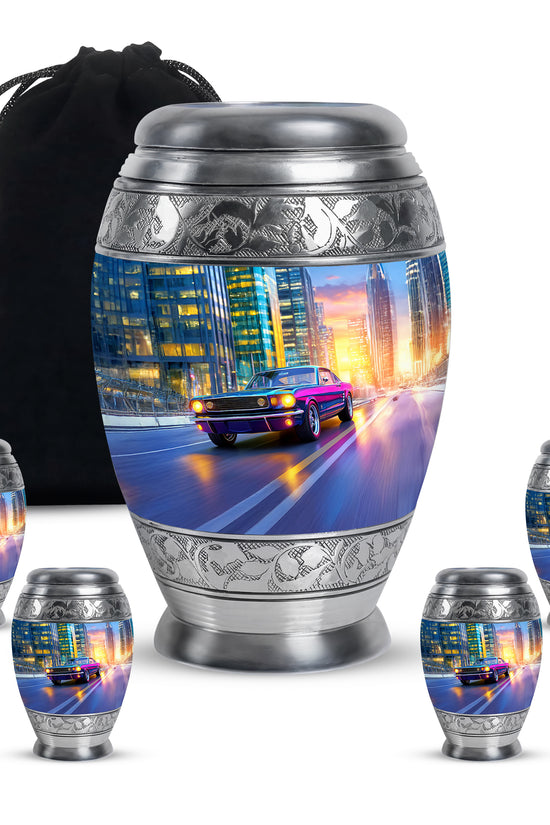 Cobalt Blue Car Cremation Urn detail view - royal car engraving with decorative scrollwork - memorial set with one large and four small urns