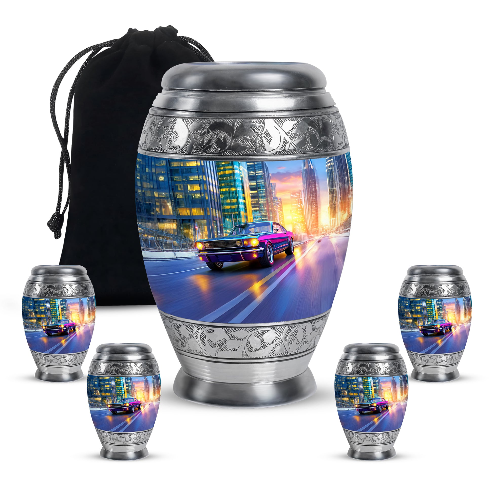 Cobalt Blue Car Cremation Urn detail view - royal car engraving with decorative scrollwork - memorial set with one large and four small urns