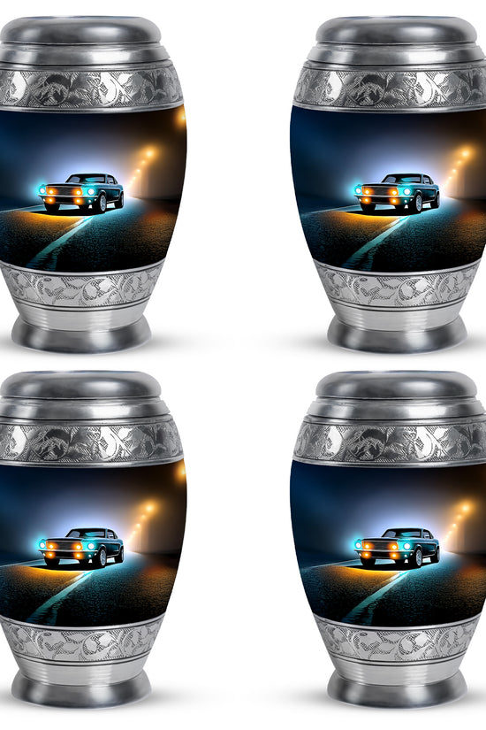 Onyx Black Car Cremation Urn urn with complimentary velvet bag - royal car engraving with decorative scrollwork - 10 inch aluminum urn for cremated remains