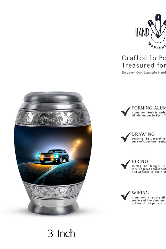 Midnight Black Car Cremation Urn lifestyle display on memorial shelf - royal car engraving with decorative scrollwork - mini keepsake memorial for portion of cremation ashes