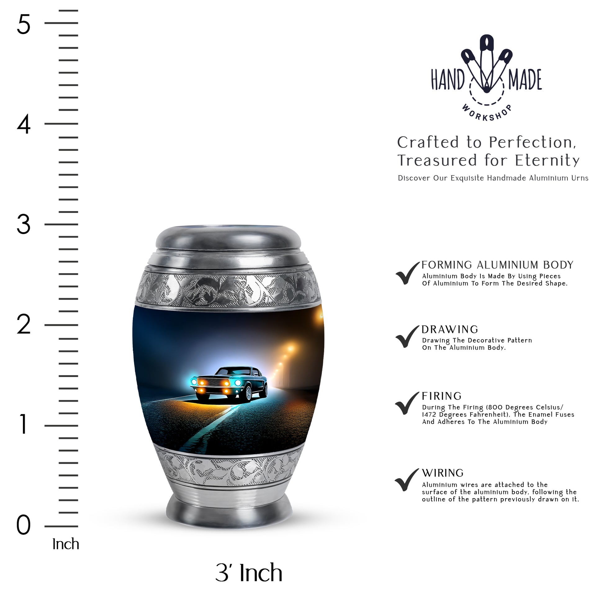 Midnight Black Car Cremation Urn lifestyle display on memorial shelf - royal car engraving with decorative scrollwork - mini keepsake memorial for portion of cremation ashes