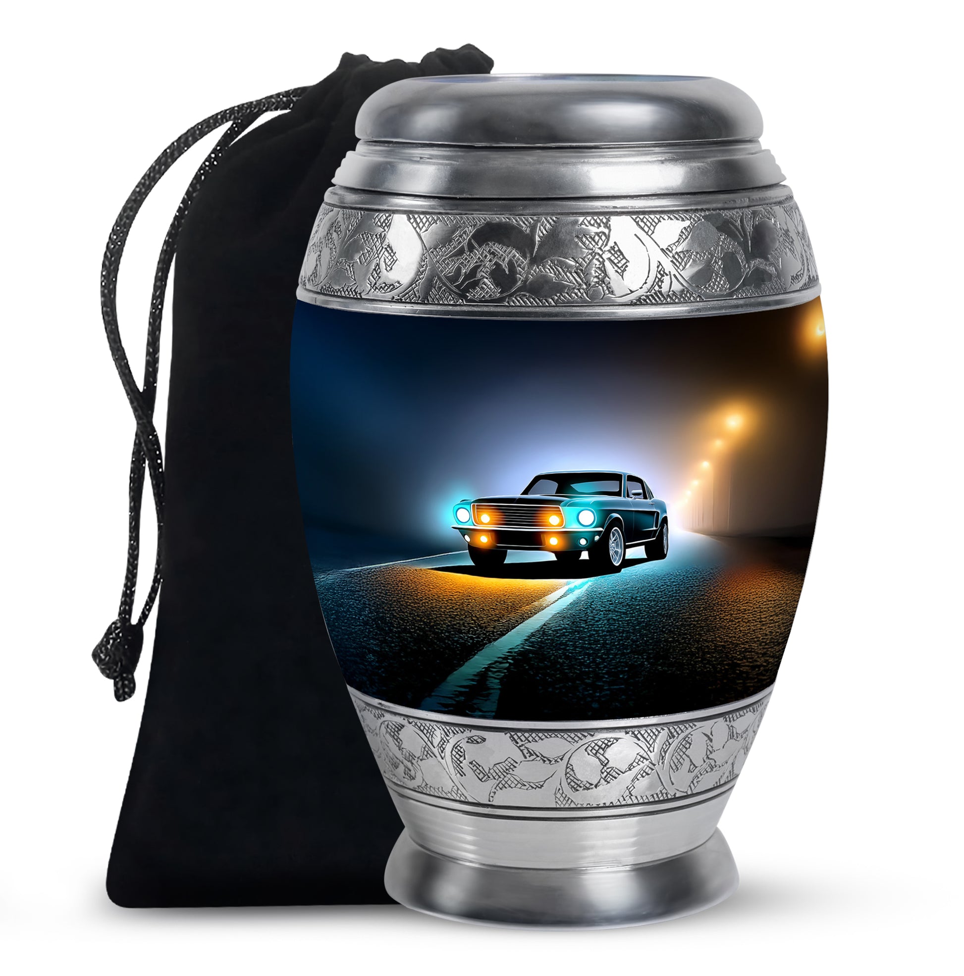 Glossy Black Car Cremation Urn back view with polished surface - ornate monarch-style car relief on brushed aluminum - full-size 10 inch 200 cubic inch adult cremation urn