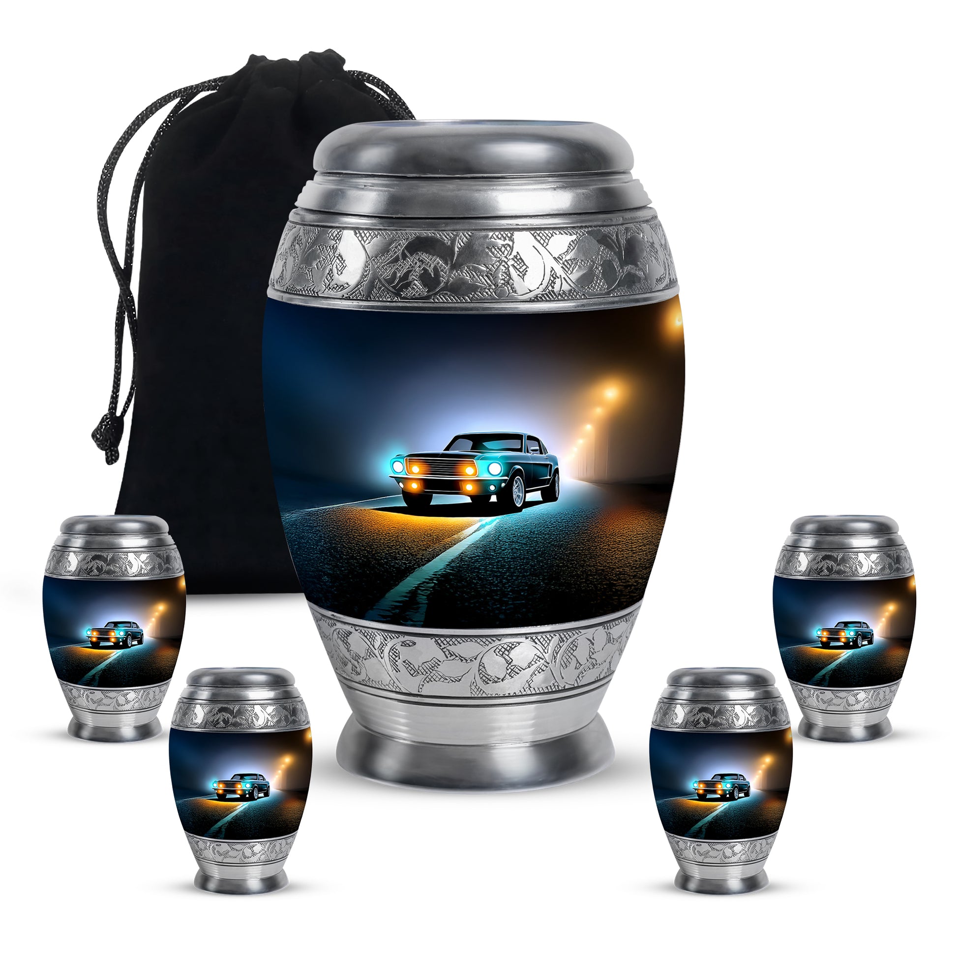 Rich Black Car Cremation Urn detail view - ornate monarch-style car relief on brushed aluminum - memorial set with one large and four small urns