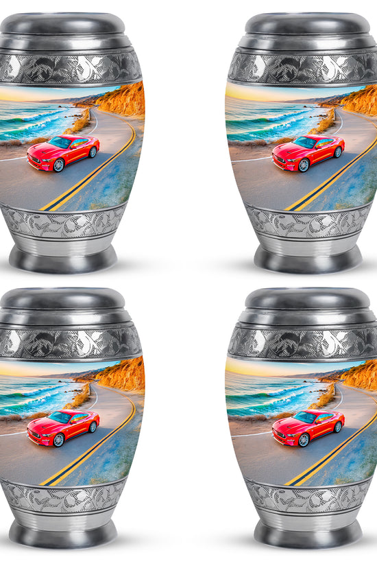Vivid Blue Car Cremation Urn urn with complimentary velvet bag - royal car engraving with decorative scrollwork - 10 inch aluminum urn for cremated remains