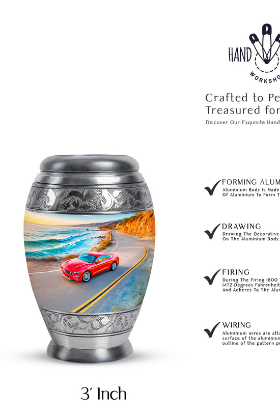 Icy Blue Car Cremation Urn lifestyle display on memorial shelf - ornate monarch-style car relief on brushed aluminum - mini keepsake memorial for portion of cremation ashes