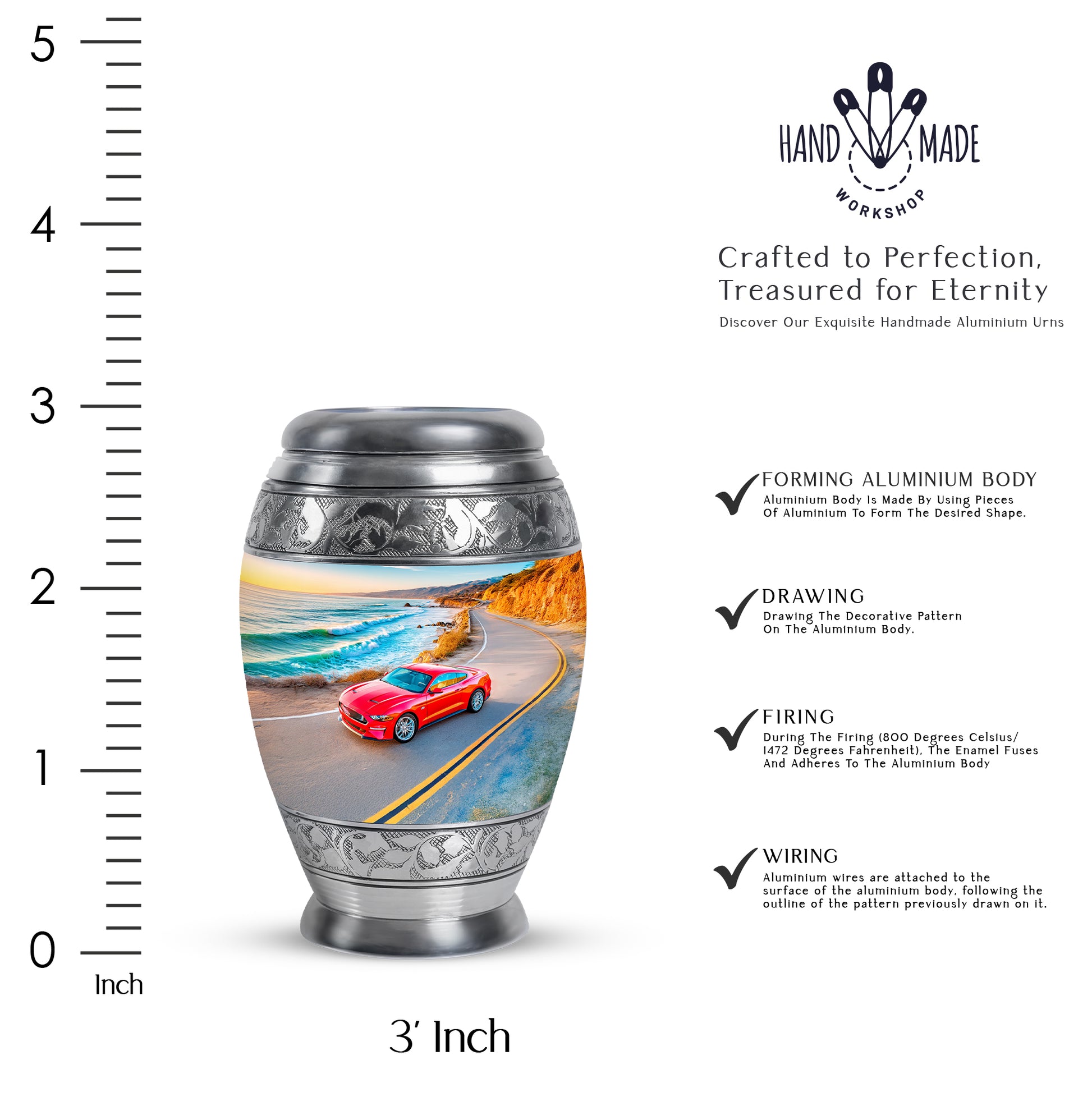 Icy Blue Car Cremation Urn lifestyle display on memorial shelf - ornate monarch-style car relief on brushed aluminum - mini keepsake memorial for portion of cremation ashes