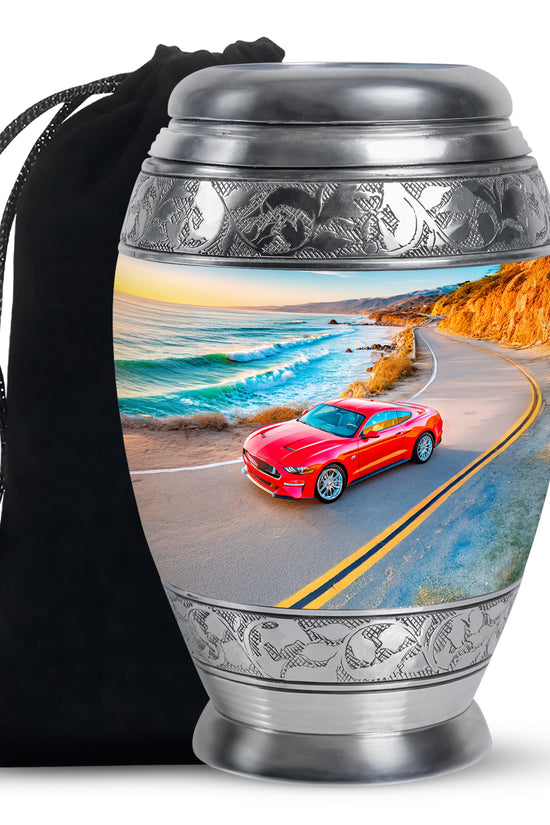 Calming Blue Car Cremation Urn back view with polished surface - majestic car pattern with filigree border - full-size 10 inch 200 cubic inch adult cremation urn