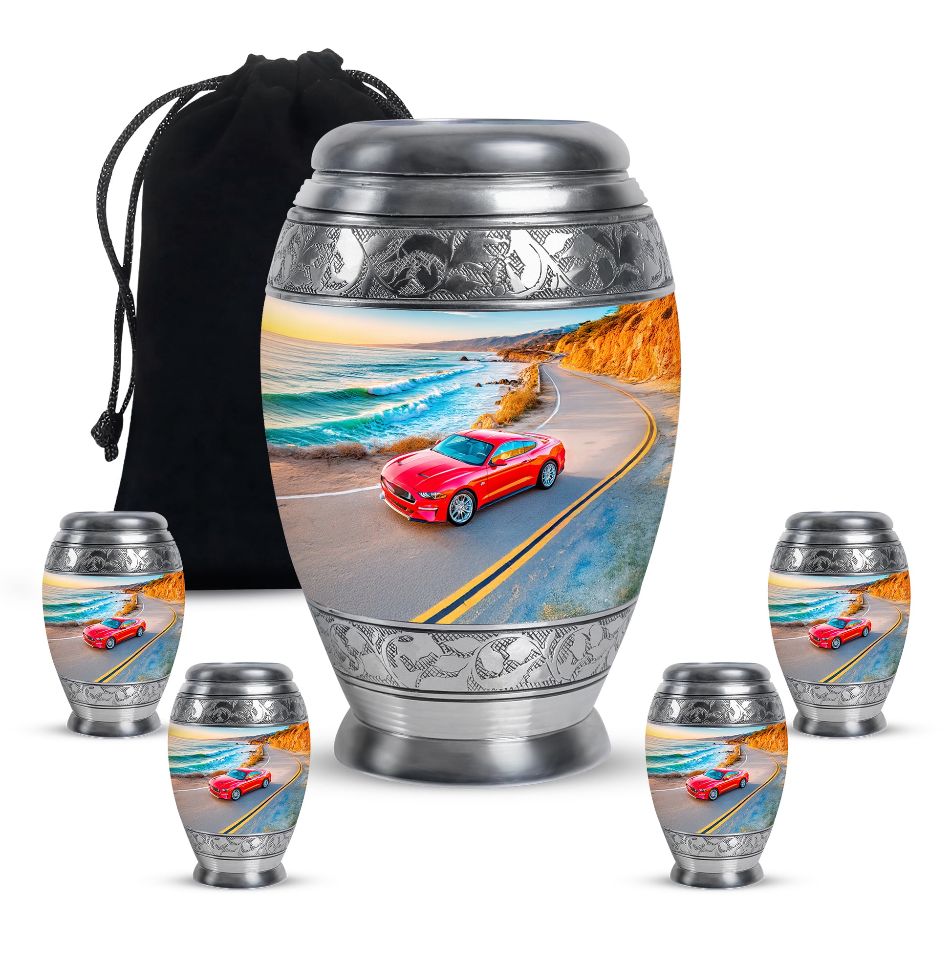 Pastel Blue Car Cremation Urn detail view - ornate monarch-style car relief on brushed aluminum - memorial set with one large and four small urns