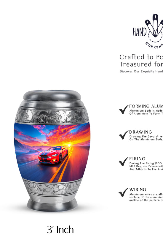 Azure Car Cremation Urn lifestyle display on memorial shelf - regal car design with crown-inspired accents - mini keepsake memorial for portion of cremation ashes