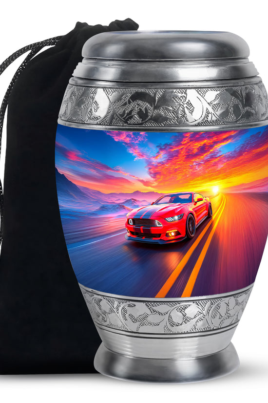 Navy Blue Car Cremation Urn back view with polished surface - ornate monarch-style car relief on brushed aluminum - full-size 10 inch 200 cubic inch adult cremation urn