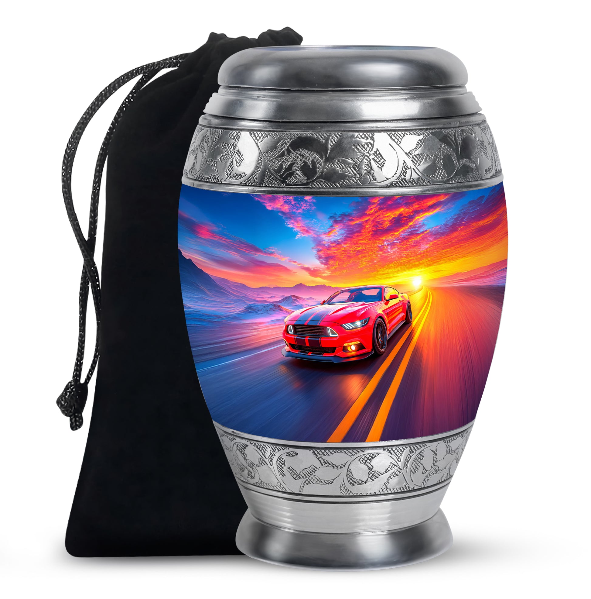 Navy Blue Car Cremation Urn back view with polished surface - ornate monarch-style car relief on brushed aluminum - full-size 10 inch 200 cubic inch adult cremation urn