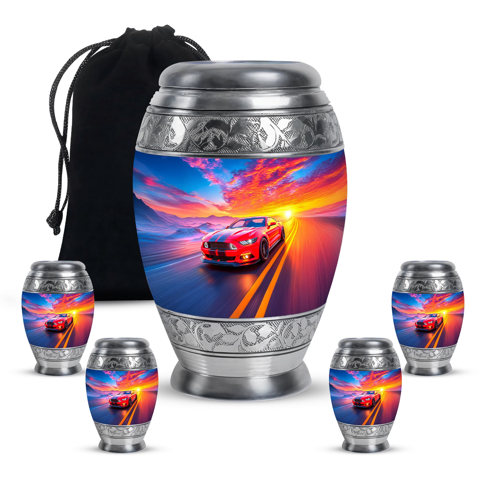 Dusty Blue Car Cremation Urn detail view - ornate monarch-style car relief on brushed aluminum - memorial set with one large and four small urns