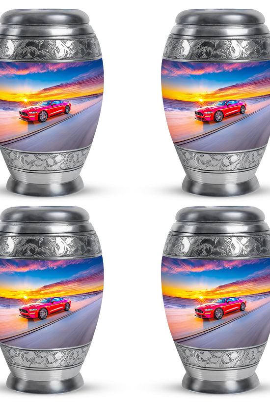 Icy Blue Car Cremation Urn urn with complimentary velvet bag - ornate monarch-style car relief on brushed aluminum - 10 inch aluminum urn for cremated remains