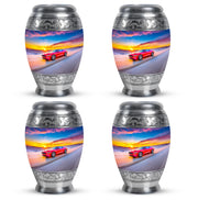 Icy Blue Car Cremation Urn urn with complimentary velvet bag - ornate monarch-style car relief on brushed aluminum - 10 inch aluminum urn for cremated remains