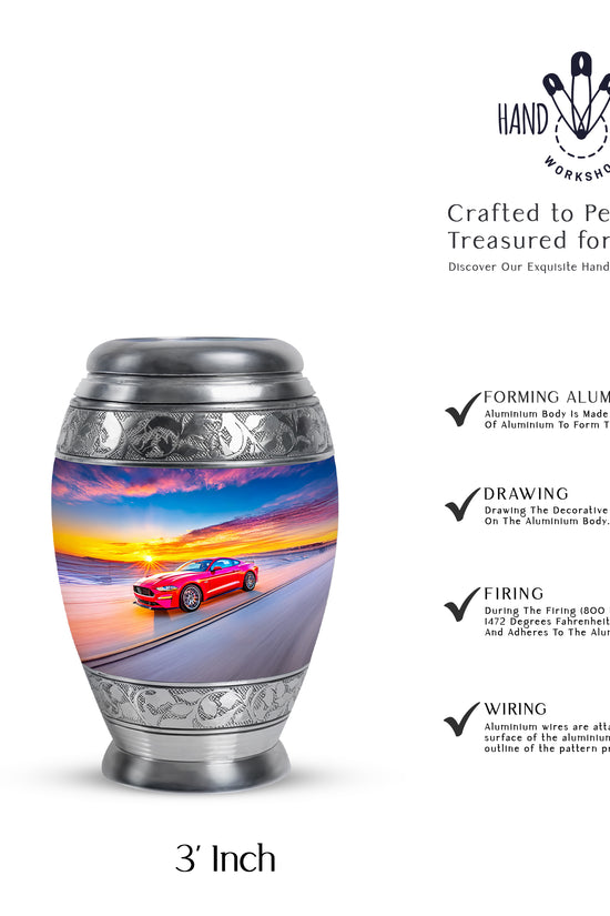 Azure Car Cremation Urn lifestyle display on memorial shelf - regal car design with crown-inspired accents - mini keepsake memorial for portion of cremation ashes